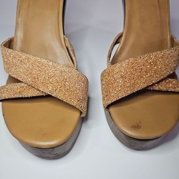 Vintage Schutz Native Wooden Platform '70s Vibe Glitter Cross Front Sandals 7 - Picture 6 of 7